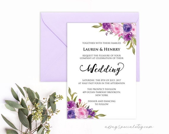 Lavender Invitation Template Purple Lilac Watercolor Flowers