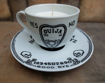 Hand painted, Hand made, Tea Cup Candle. Gothic decor. Ouija Board design
