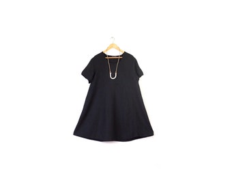 Oversized black linen dress / Vintage black short dress / Minimalist babydoll dress / 90s short sleeve dress / Empire waist linen dress