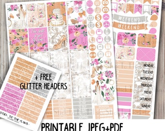 Wedding printable planner stickers for your Erin Condren Life Planner TM watercolor pink coral spring wedding flowers bride cake ring weekly