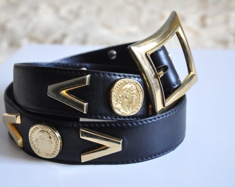 Vintage ESCADA leather belt, 80s black and gold belt, chunky leather belt, designer belt