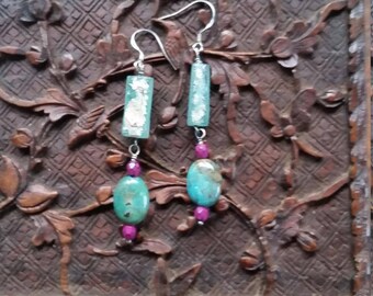 Earrings. Dangle. Ancient 2000 Year Old Roman Glass. Aqua. Turquoise. Pink Glass Beads. Bohemian. Sterling. Asymmertical