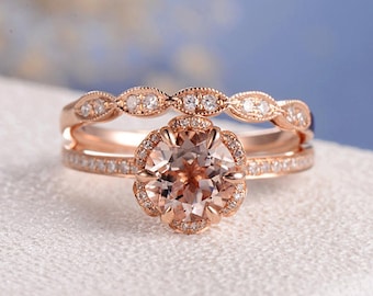 unique morganite bridal set rose gold engagement ring flower gemstone dainty art deco eternity wedding band - Morganite Wedding Ring unique morganite bridal set rose gold engagement ring flower gemstone dainty art deco eternity wedding band - Morganite Wedding Ring