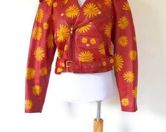 SUMMER SALE/ 30% off Vintage 80s 90s Hand Painted Siren Red Leather Flower Power Cropped Motorcycle Jacket (size medium, large)