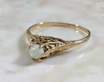 Antique Opal Ring 14k Gold High Set Opal Solitaire Ring Size 5.25 Yellow Gold filigree Setting Colorful Fire Genuine Opal Feminine Lovely