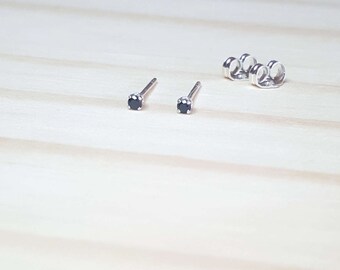 tiny black earrings, 2mm natural black spinel gemstone earrings, sterling silver stud earring, black gem earring stud, black minimalist stud