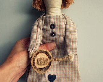 Handmade doll, cloth doll soft doll fabric art doll rag doll, doll gift, Gift for baker, hand sewn ooak vintage embroidered country crafts