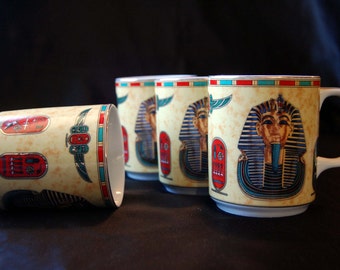 Vintage Mugs Set, Porcelain Mugs, Egyptian Mug Set of 4 Cups, Coffee Cups, Fathi Mahmoud Decorative Tea Cups, Pharaoh Image Mugs