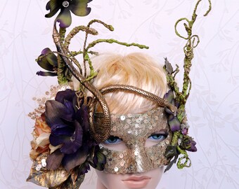 Woodland mask, Poison ivy mask, Couture masquerade mask, Mardi Gras Mask, Snake mask, Masquerade ball, Costume party, Gold mask