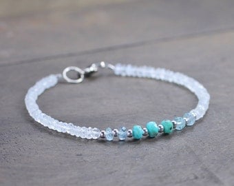 Turquoise, Moonstone & Aquamarine Bracelet, Delicate Ombre Multi Gemstone Bracelet in Silver or Gold, Shaded White Aqua Blue Beaded Bracelet