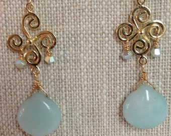 Chalcedony Briolettes Post Earrings with Swarovski Crystal Bicones