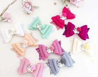 Vintage rose pearl Bow - Felt and glitter Bow - Baby Headband - Girl's Headband - rose and pearl Hair Accessory