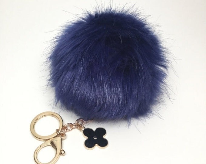 Navy Faux Rabbit Fur Pom Pom bag Keyring keychain fake ball puff