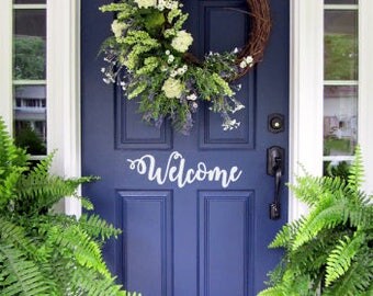 Welcome Door Decal Sticker - Welcome Greeting, welcome Decal, welcome Door Decal, Front Door Decal, Script Decal, Typography Decal