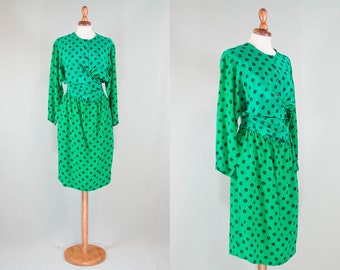 Polka Dot Vintage Dress / 80s Formal polka dot green & black / pure silk eighties dress / Dress 80s Prom Dress
