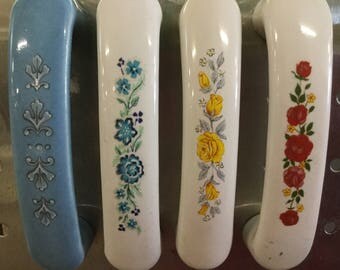 Vintage Porcelain Cabinet Handles, flowers, new old stock