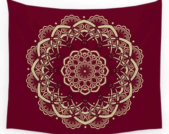 Burgundy Tapestry, Mandala Tapestry, Red Tapestry, Wall Tapestry Hanging, Bohemian Decor, Boho Tapestry, Sofa Throw, Red Bedspread