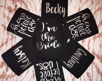 Brews Before I dos Can Coolers / bachelorette party favors / wedding favors / monogrammed / bridal shower/ custom can holders