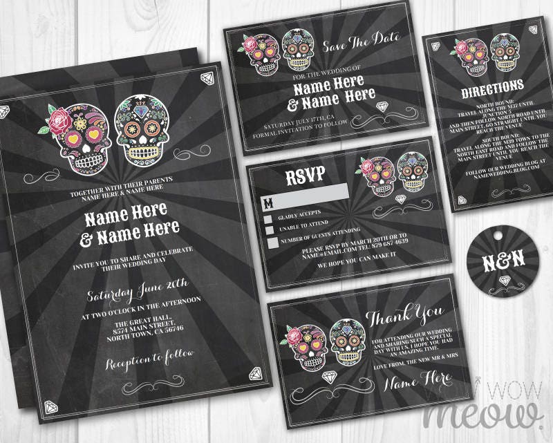 Sugar Skull Wedding Invitations Chalk Set Template Package
