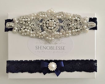 ELISABETH ~ Wedding garters-lace wedding garter-blue lace garter-navy blue garter-crystal garter-something blue garter-vintage garter