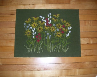 Crewel Flowers, Floral Crewel, Crewel Wall Unframed 18x24 Vintage