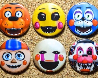 Five Nights at Freddy's (Game #2) Button Set - Toy Freddy, Toy Chica, Toy Bonnie, Balloon Boy (BB), Puppet (Marionette) & Mangle - FNAF 2