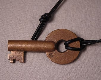Brass Railroad-Type Key Pendant on Leather Cord
