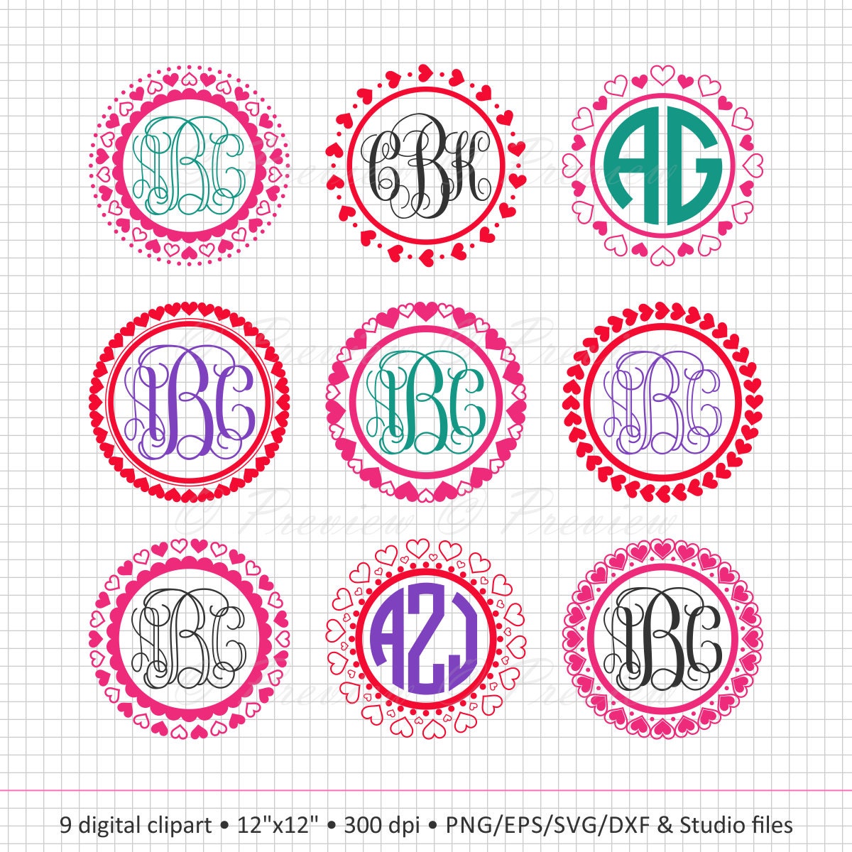 Download Buy 2 Get 1 Free! Digital Clipart Valentine Heart Monogram ...