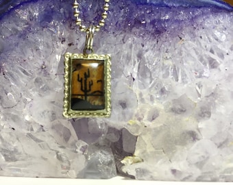 Vintage Morpho Butterfly Wing Cactus Tree Desert Scene Pendant Convex Glass