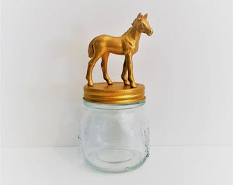 Gold Horse Mason Jar // Animal Storage Jar // Decorative Home Storage // Small Gold Horse Jar // Animal Storage Container // Miniature Horse