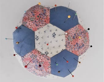 Hexagon Pin Cushion // Pins and Needles // Patchwork Pincushion // Blue Pink Pin Cushion // Hexagons