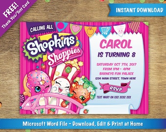 DIY Printable 5x7 Shopkins Birthday Party Invitation Template | FREE Thank You / Tent Card Included | Instant Download - Microsoft Word