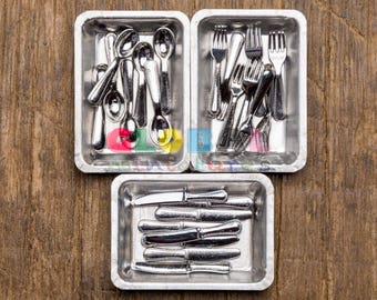 Dollhouse Miniatures Set of Metal Silverware Utensil Kit Fork Spoon Knife Kitchen Tableware Decoration Supply - 1:12 Scale