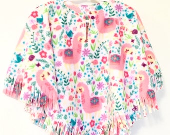 Girl's Fleece Pink Llama Poncho