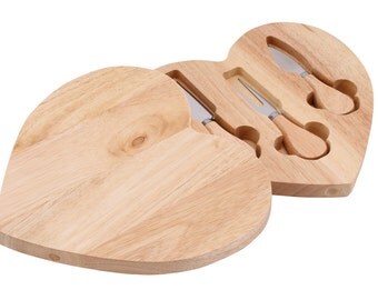 Heart Wooden Cheese Board & Three Utensils Set with Engraved Knife