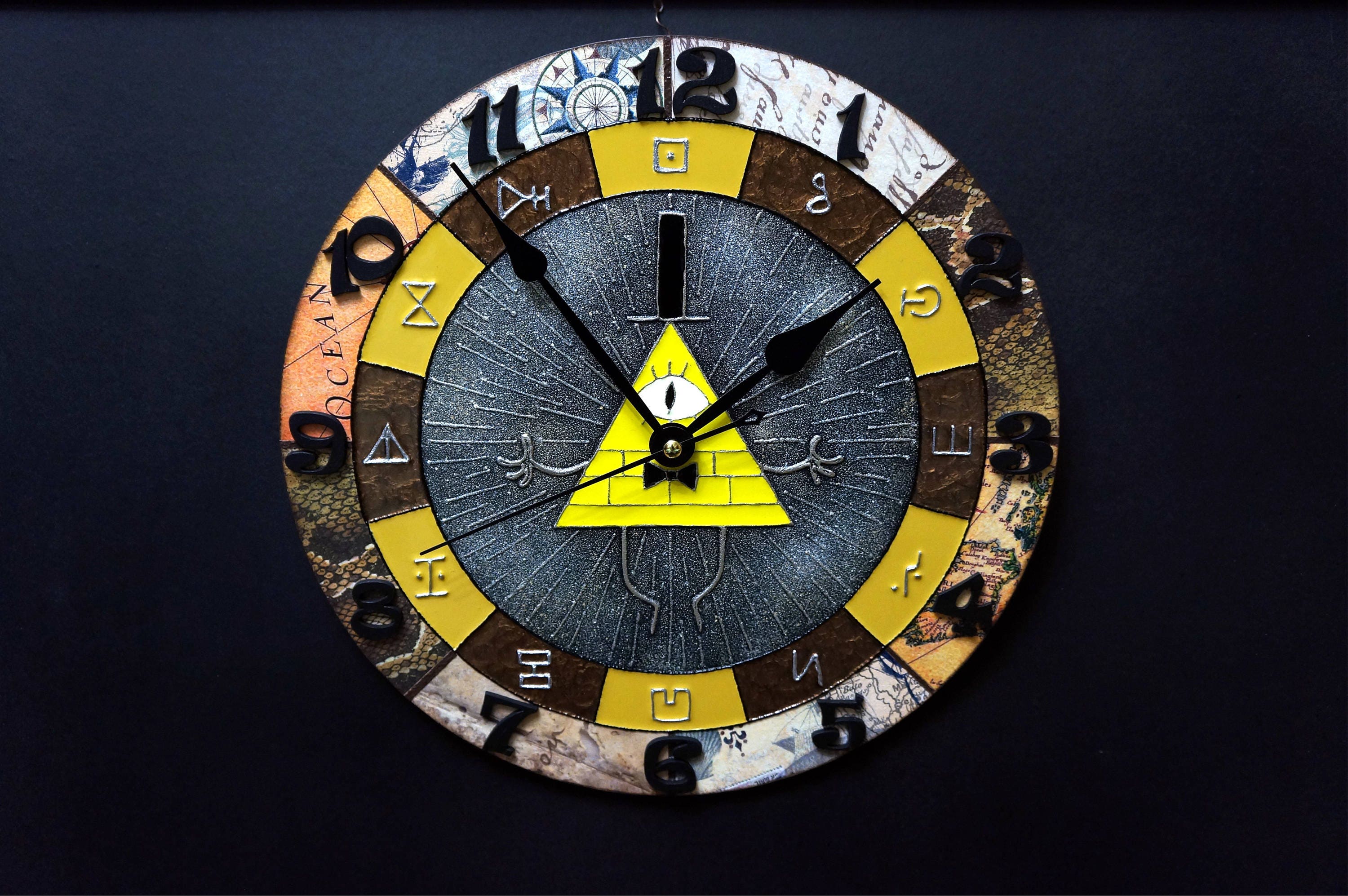 Wall hanging Bill Cipher big clocks / Gift for her / Gravity