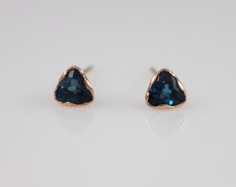 14K solid gold blue topaz earrings, 14k Blue topaz Stud, london blue topaz earrings, 14k triangle earrings, bridal earrings, wedding gift