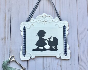 Black White Nursery, Hospital Door Hanger, Girl with Baby Carriage, Pressed Metal, Girl Silhouette, Girl with Bunny, Monochromatic Nursery