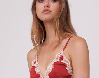 Satin Bralette, Lace Bralette, Red Bralette, Triangle Bra, Soft Bra, Wireless Bra, Trinagle Bralette, Sexy Bralette, Satin Bra, Red Bra VIVI