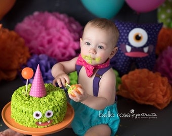 Monster 1st birthday outfit, monster cake smash set, baby boy 1st birthday clothes, monster bow tie and suspenders, baby boy diaper cover