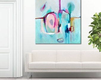 ABSTRACT BLUE PAINTING, minimalist grey abstract, abstract blue, white, grey painting, original abstract painting Print: Make Believe