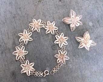 925 silver filigree bracelet and earrings, vintage silver filigree flowers, silver bracelet and earrings, vintage filigree jewellery set