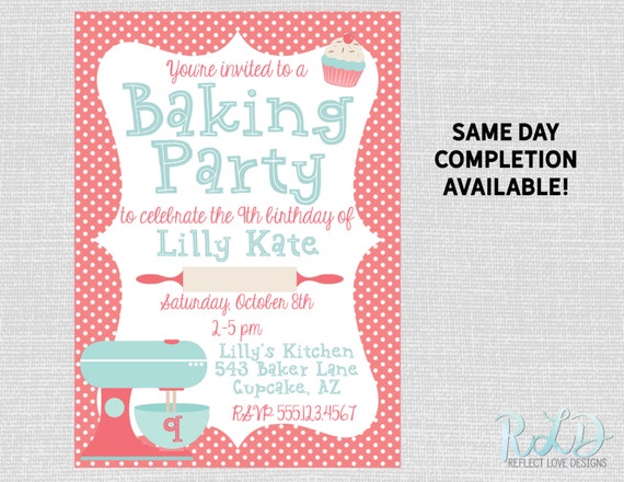 Baking Birthday Party Invitation Digital Printable Coral