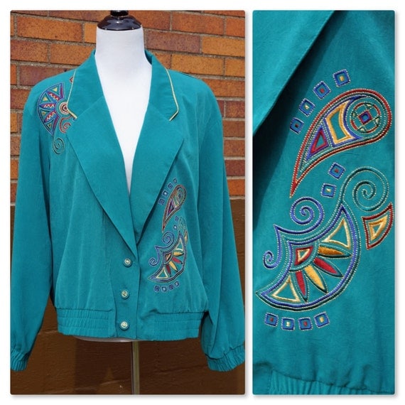 80s Turquoise Embroidered Blazer Shoulder Pads