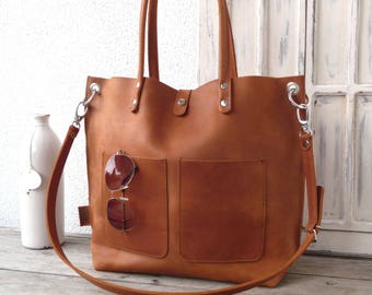 Large leather bag, Leather bag, Shoulder bag leather, Leather bag, Leather bag woman, Leather bag, Leather bag, Emma Frontpocket - cognac!