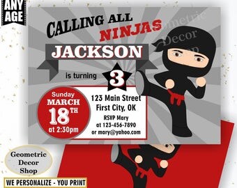 Ninja Birthday Invitation Boy American Ninja Invitations Red Gray Invites Black Grey Invite BDN3