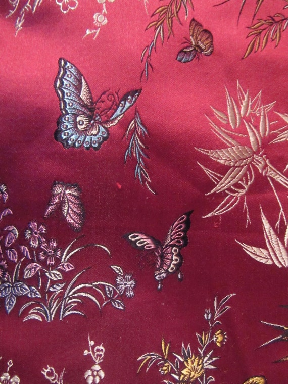 Maroon Silk Blend Satin Vintage Fabric 8 Yards Woven Flowers