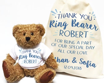 Ring Bearer teddy bear. Personalised wedding day thank you gift. Custom bear. Teddy bear with matching cotton drawstring gift bag.