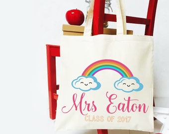 Thank you teacher tote bag. Personalised end of year Teacher gift shopper bag. Rainbow design cotton teacher gift.