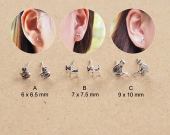 A pair of Cute Cat Stud Earrings, Cat Earrings, Cartilage Stud, 925 Sterling Silver, Animal Jewelry, Gift for her - SA3/SB16-17